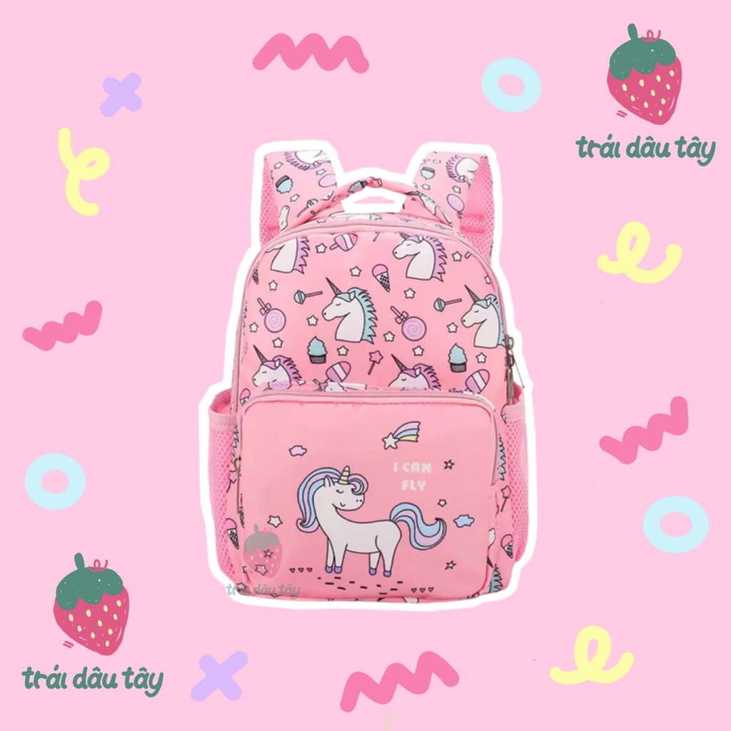 BALO MẪU GIÁO CHO BÉ GÁI ĐI HỌC HÌNH UNICORN MÀU HỒNG CHẤT LỤA CHỐNG NƯỚC (trái dâu tây)