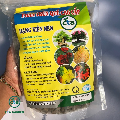 Phân trùn quế cao cấp CTA Garden dạng viên nén túi 1kg