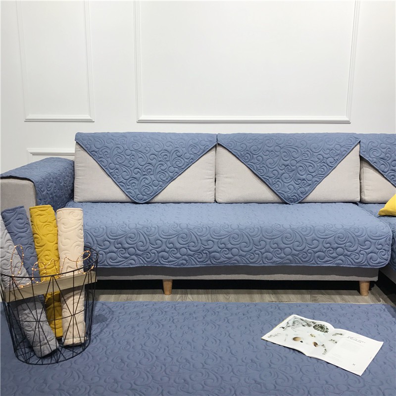 Đệm Lót Ghế Sofa Vải Cotton Chống Trượt Màu Xanh Xám Nhạt