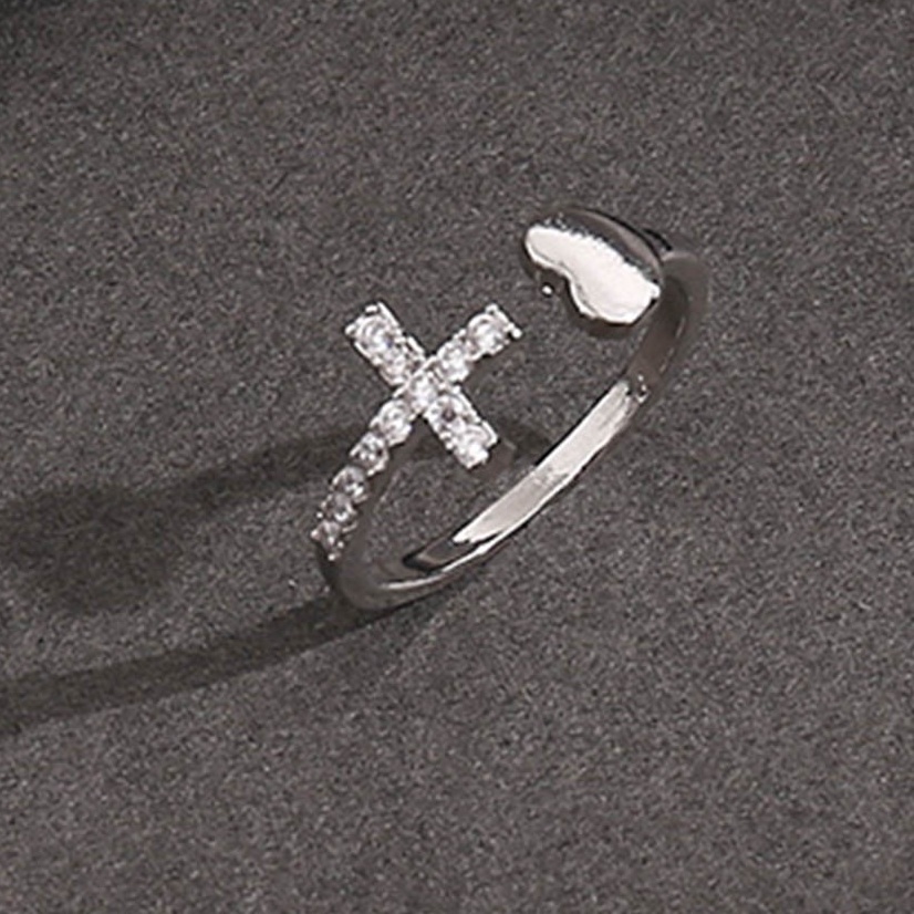 Nhẫn Dạng Mở Hình Trái Tim/Chữ Thập Đính Đá Màu Bạc Tùy Chỉnh Thời Trang Cho Nữ