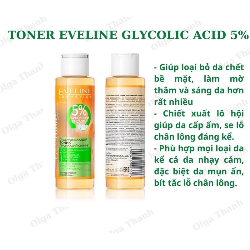 Toner Eveline 5% Glycolic Acid - Glycol Therapy cho da căng bóng, láng mướt, mờ thâm mụn