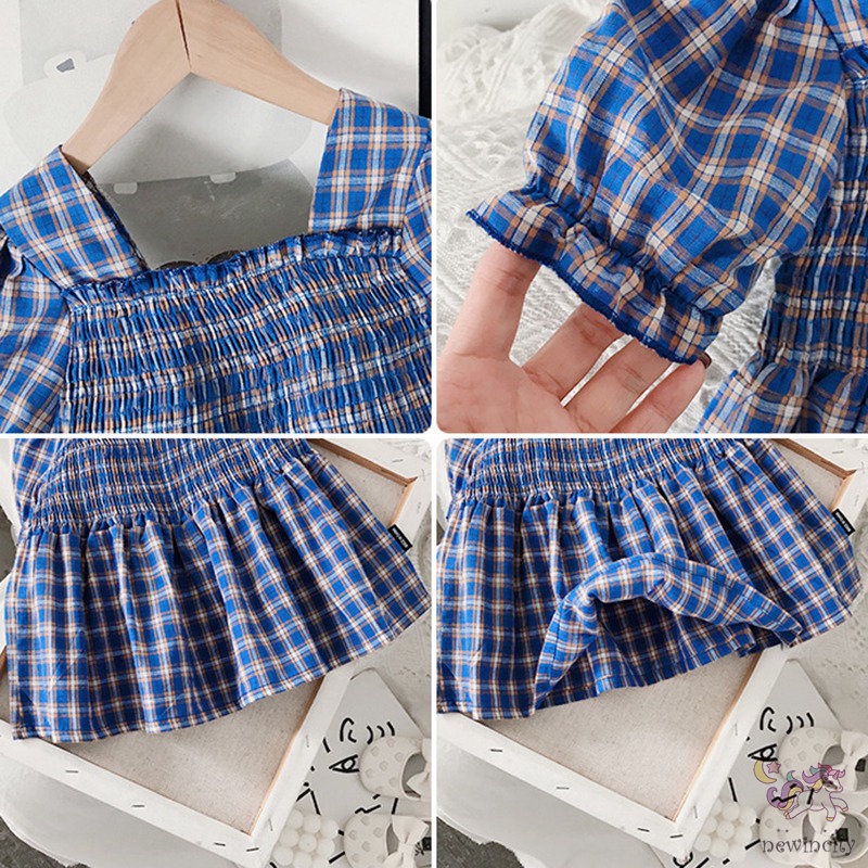 Set Đồ 2 Món Gồm Áo Tay Ngắn Kẻ Sọc Caro + Quần Ngắn Thời Trang Mùa Hè Hàn Quốc Cho Bé Gái