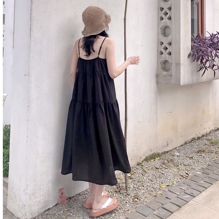 Váy dáng babydoll hai dây xòe ba tầng màu đen dây chỉnh được vanmiushop