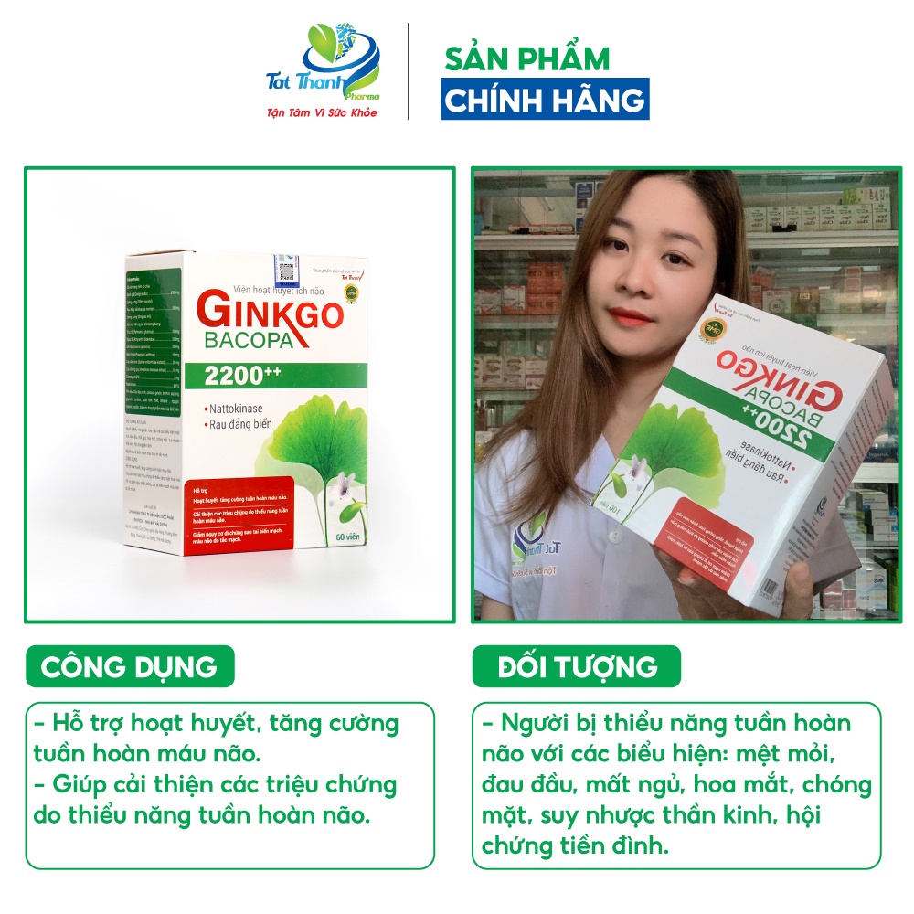 Viên hoạt huyết ích não Ginkgo Bacopa 2200++ Tất Thành Pharma tăng cường tuần hoàn máu não 60 viên