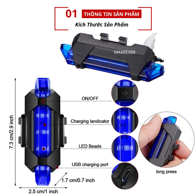 Đèn báo hiệu gắn hậu xe đạp 5 bóng LED có cổng sạc USB nhiều chế độ sáng
