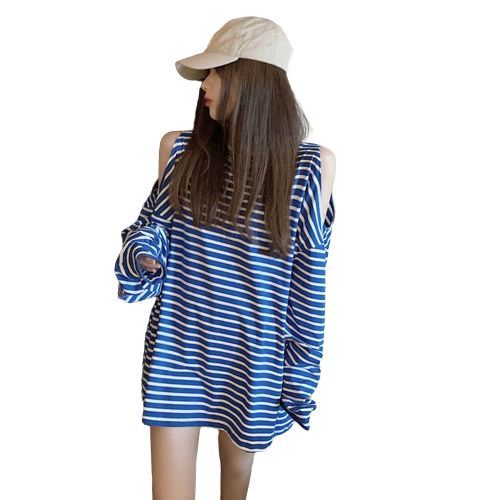 Jiashucheng Áo Thun Nữ Dài Tay Cổ Tròn Sọc Ngang Hở Vai Phong Cách Hàn Quốc Mới