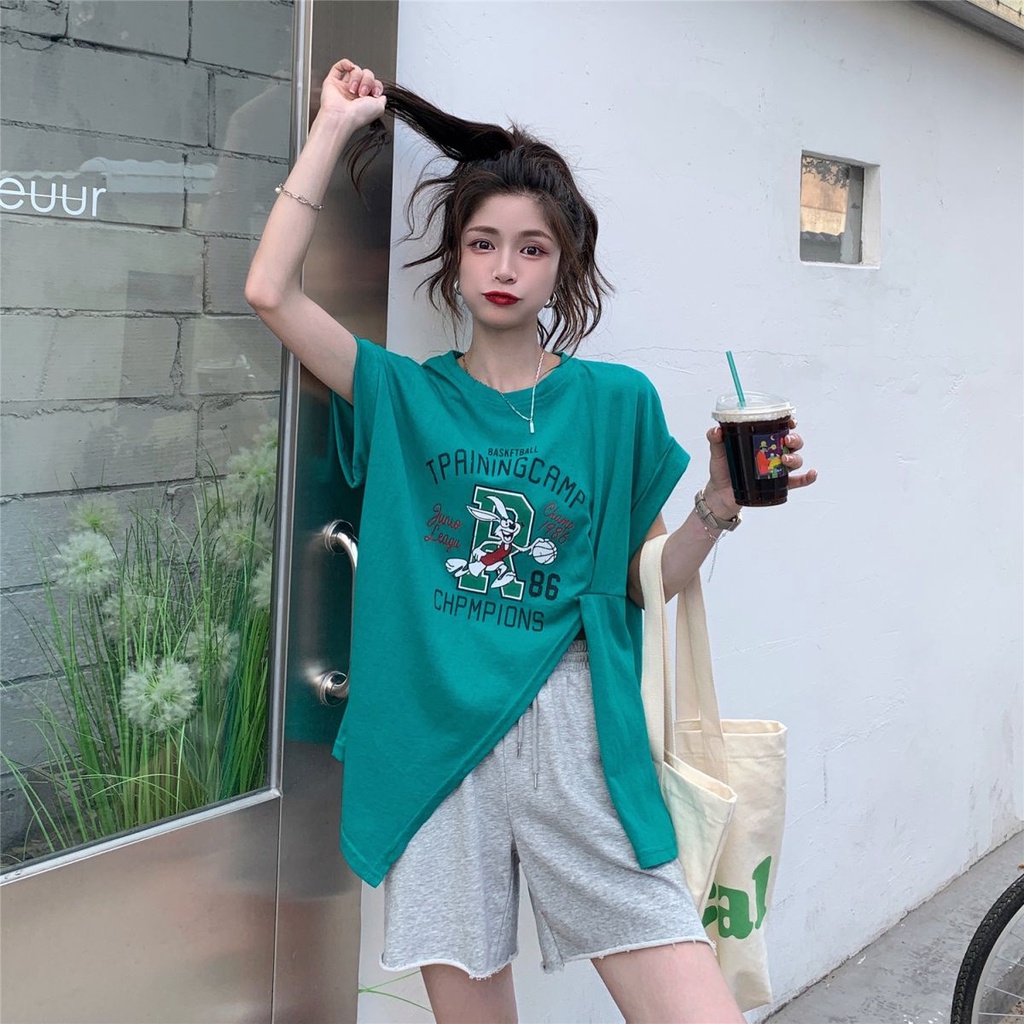 Áo Thun Dáng Rộng Xẻ Tà Họa Tiết Hoạt Hình Phong Cách Retro Mùa Hè Cho Nữ