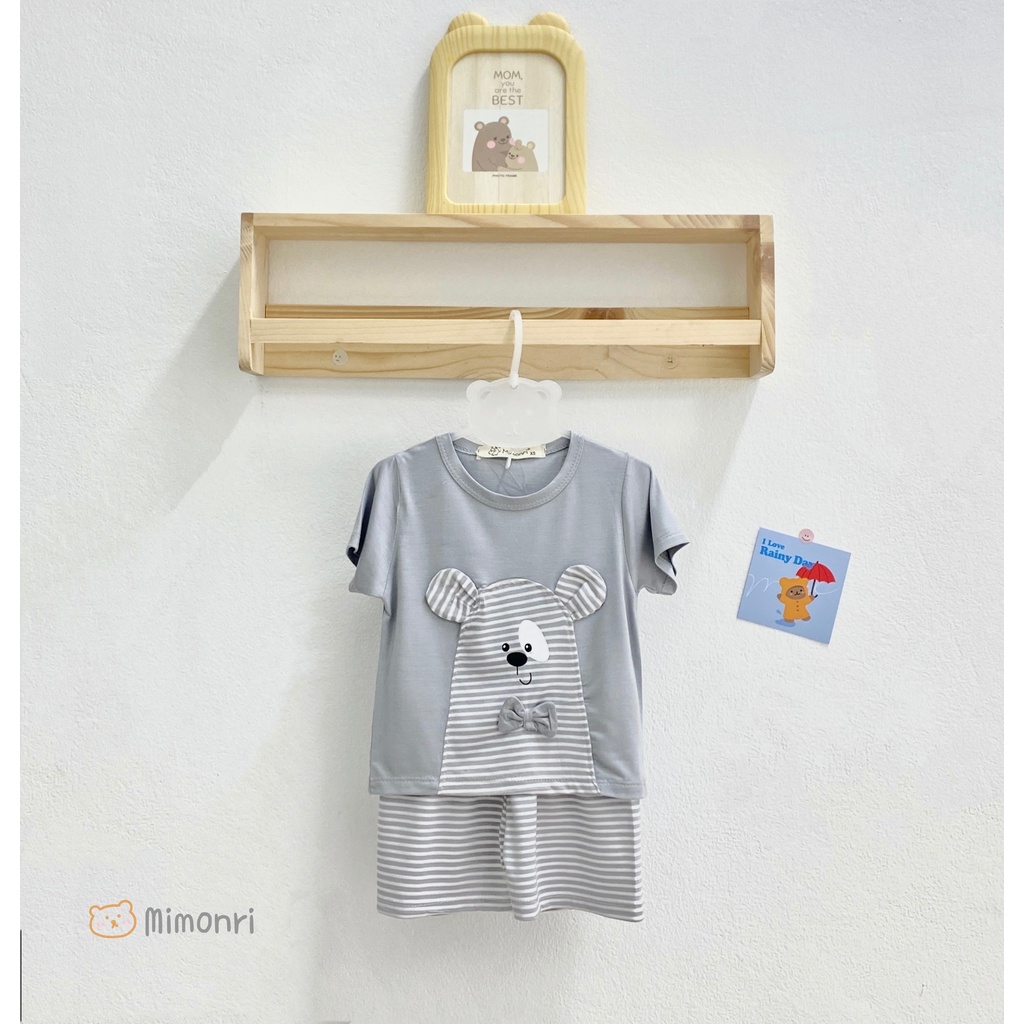 [SALE] Bộ Quần Áo Bé Gái, Bé Trai KIMCHIBABY Vải Thun Lạnh Gấu Kẻ Đính Nơ, Bộ Cộc Tay Cho Bé Mặc Nhà KW2212