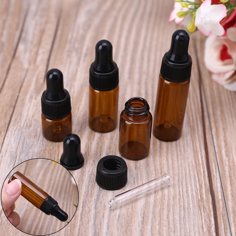 Bộ 10 Lọ Thủy Tinh Nhỏ Giọt Màu Hổ Phách Kèm Nắp Đen Đựng Tinh Dầu Thơm