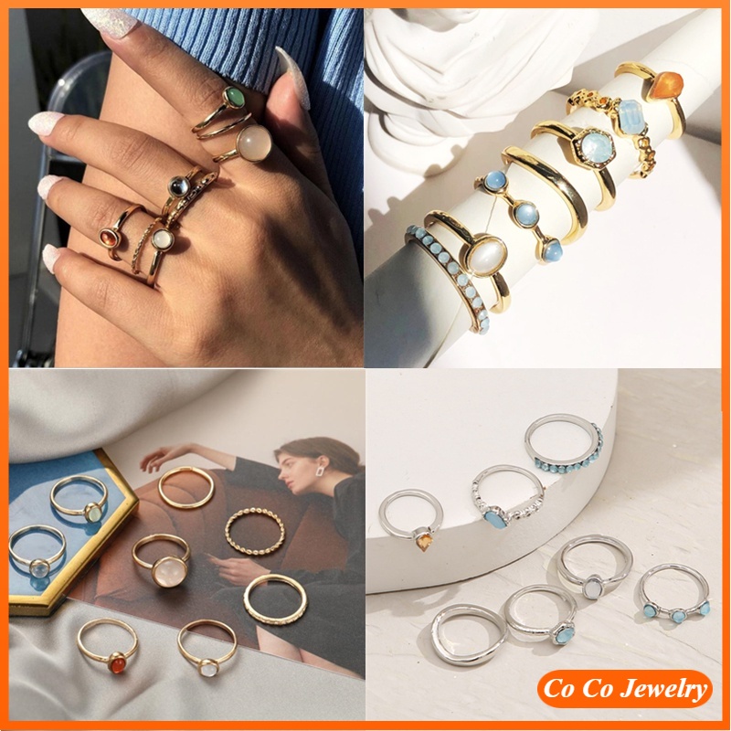 Set 7 nhẫn đính đá hình giọt nước thời trang thanh lịch cho nữ