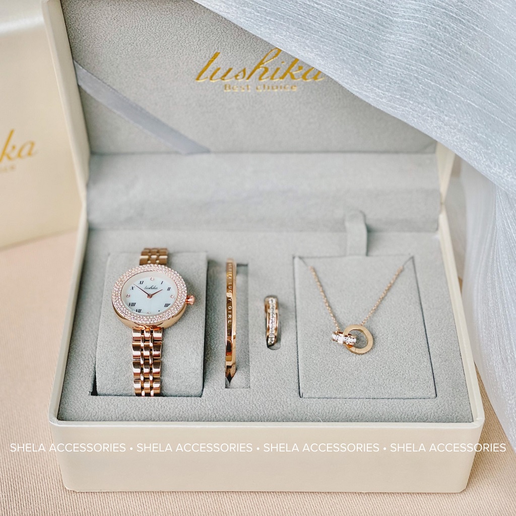 Đồng hồ nữ chính hãng dây kim loại LUSHIKA set 4 món đính đá sang chảnh màu vàng hồng LK01