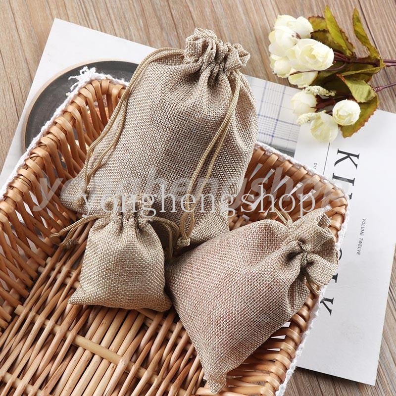 Set 10 Túi Đựng Kẹo/ Trang Sức Bằng Vải Lanh Có Dây Rút Phong Cách Cổ Điển Tiện Dụng