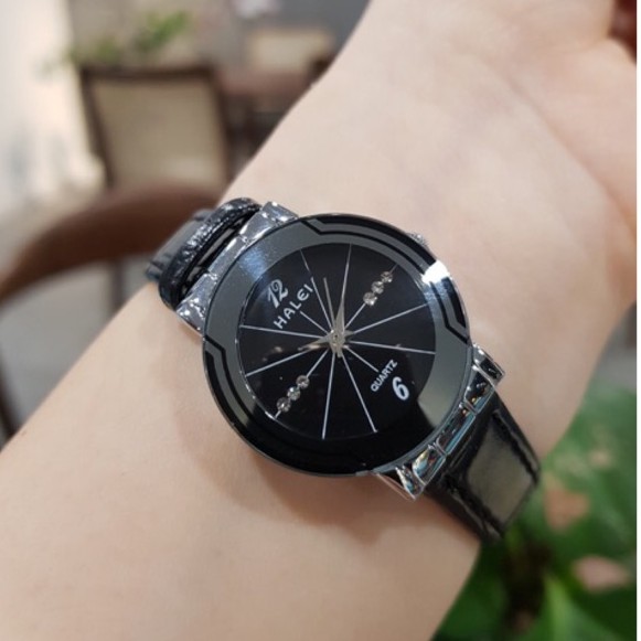 Đồng hồ nữ dây da Halei dây đen mặt đen chính hãng Tony Watch 68