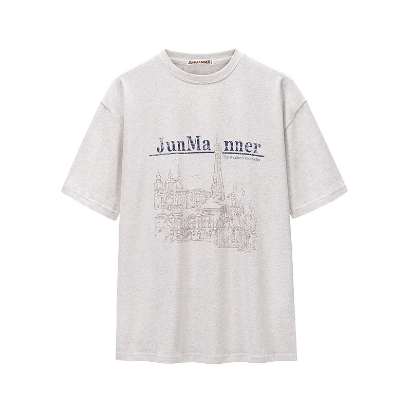 Áo Thun Tay Ngắn Cổ Tròn Màu Xám In Họa Tiết Phong Cách Retro Hàn Quốc Thời Trang Mùa Hè Cho Nữ
