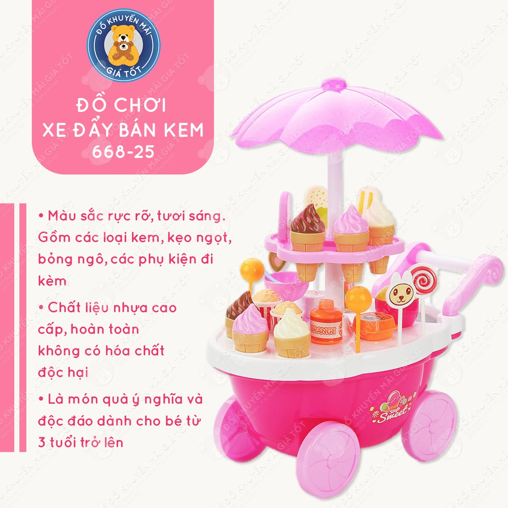 Đồ chơi cho bé 🌝 GIÁ SỐC 🌝 Đồ chơi nấu ăn mẫu xe đẩy cửa hàng kem kẹo 39 chi tiết có nhạc và đèn cho bé - 668-25