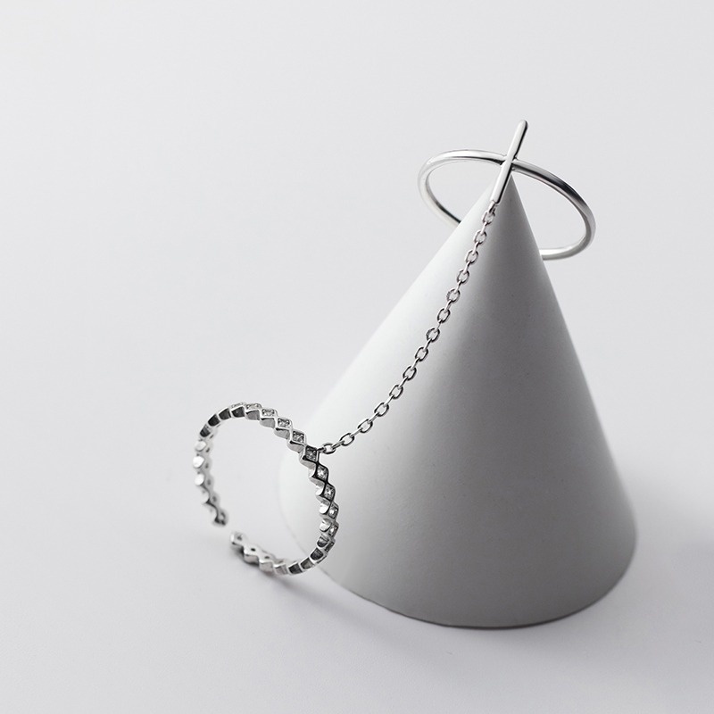 Nhẫn hở hai lớp mặt hình chữ thập phối dây xích đính đá thời trang dành cho bạn nữ