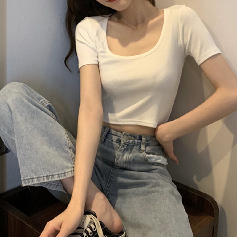 Áo Thun Nữ Ngắn Tay Cổ Vuông Màu Sắc Đơn Giản