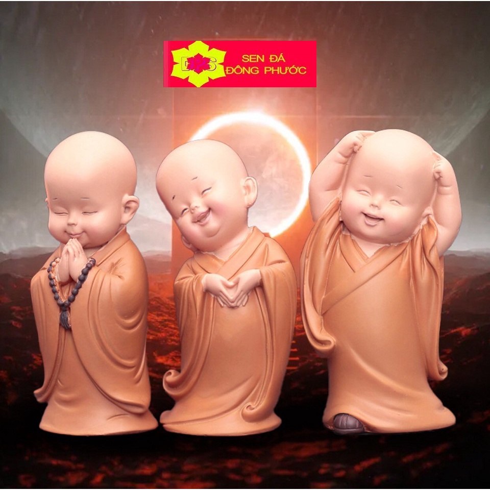 -Bộ 3 Tượng Yêu Đời- Tượng chú tiểu áo lam chất liệu Composite- Phụ kiện trang trí - Sen Đá Xương Rồng