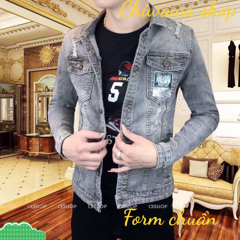 Áo khoác jean nam màu xám đen đẹp xước túi và vai logo Maends chuẩn đẹp form chuẩn PT23