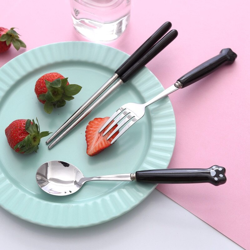 Set 3 Món Muỗng Nĩa Đũa Hình Dấu Chân Mèo Dễ Thương Kèm Hộp Đựng Cho Bé Sơ Sinh Mã 80