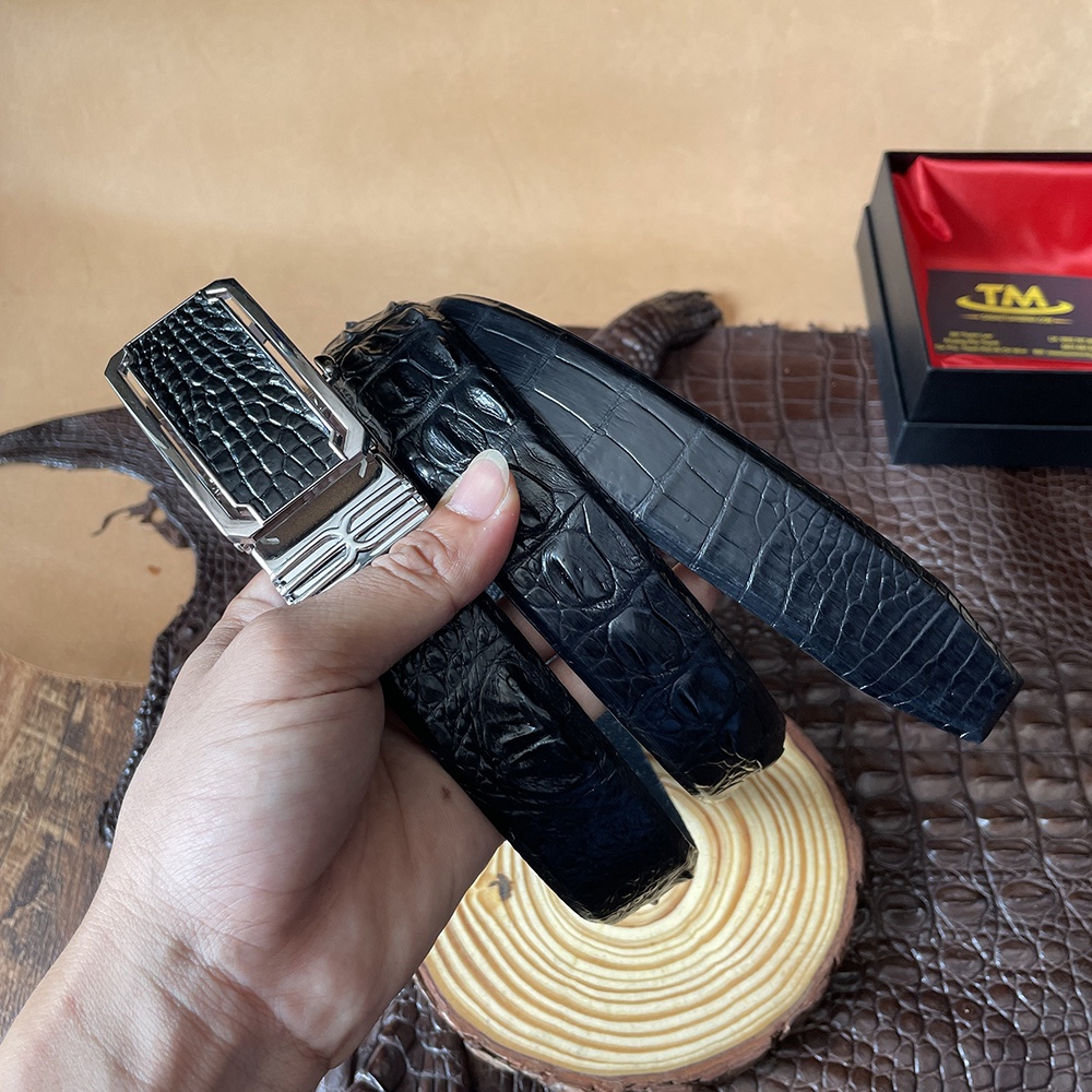 Thắt Lưng Nam Da Cá Sấu Thật 100% ST344 Bản Rộng 3.4cm Màu Đen Da Gai Lưng Và Da Trơn Cá Sấu Full Hộp Bh 24 Tháng