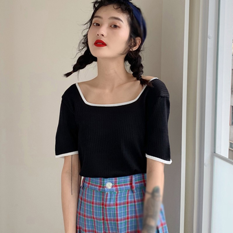Áo Croptop Dệt Kim Tay Ngắn Cổ Vuông Màu Tương Phản