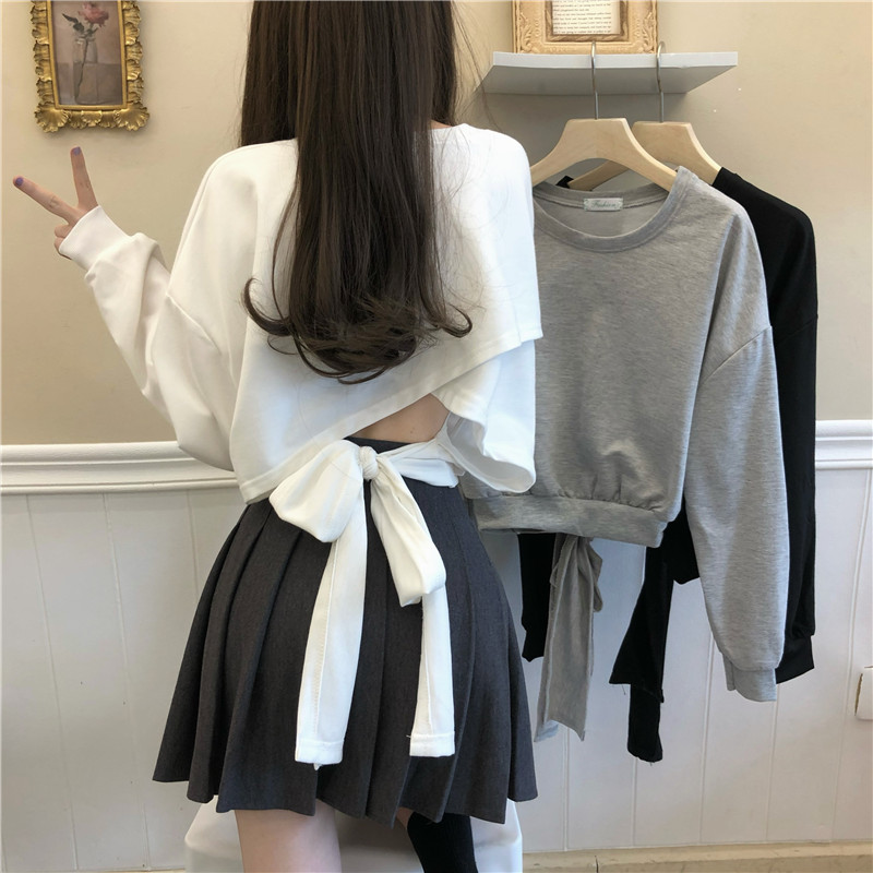 Áo kiểu nữ đẹp tay dài dáng rộng 2021, áo bánh bèo tiểu thư màu đen,trắng,xám cổ tròn hở lưng buộc nơ sau Hàn Quốc