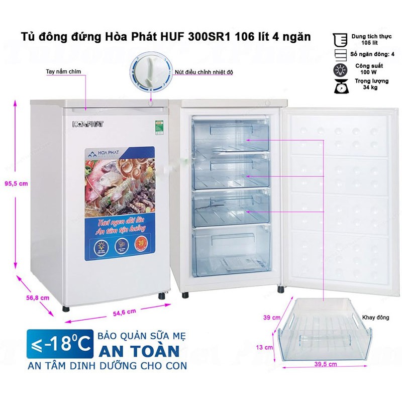 Tủ đông đứng Hòa Phát HUF 300SR1 106 lít 4 ngăn- Bảo hành chính hãng 24 tháng toàn quốc