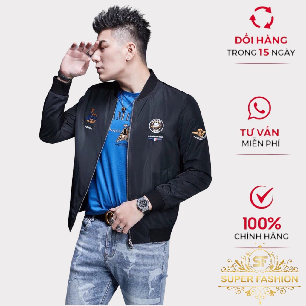 Áo khoác dù bomber nam 2 lớp thêu họa tiết vải dù dày dặn mềm mịn thời trang SF SUPER FASHION