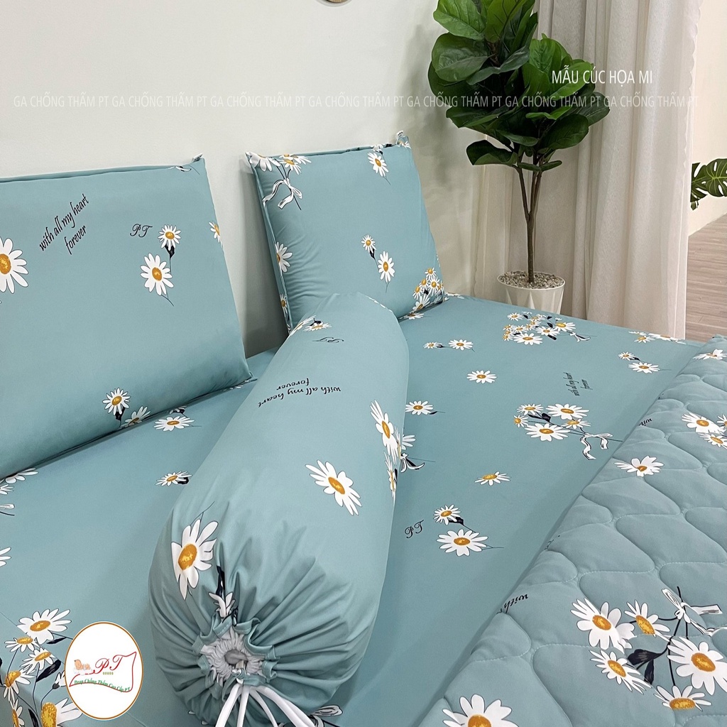 Bộ ga chống thấm cotton cho bé, drap chống thấm nước cao cấp kèm vỏ gối đầu và vỏ gối ôm mềm mịn mát (mẫu cúc họa mi)