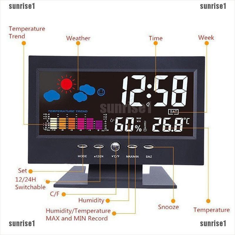 Đồng Hồ Báo Thức Điện Tử Đo Nhiệt Độ Dự Báo Thời Tiết Có Đèn LED Màn Hình LCD Màu