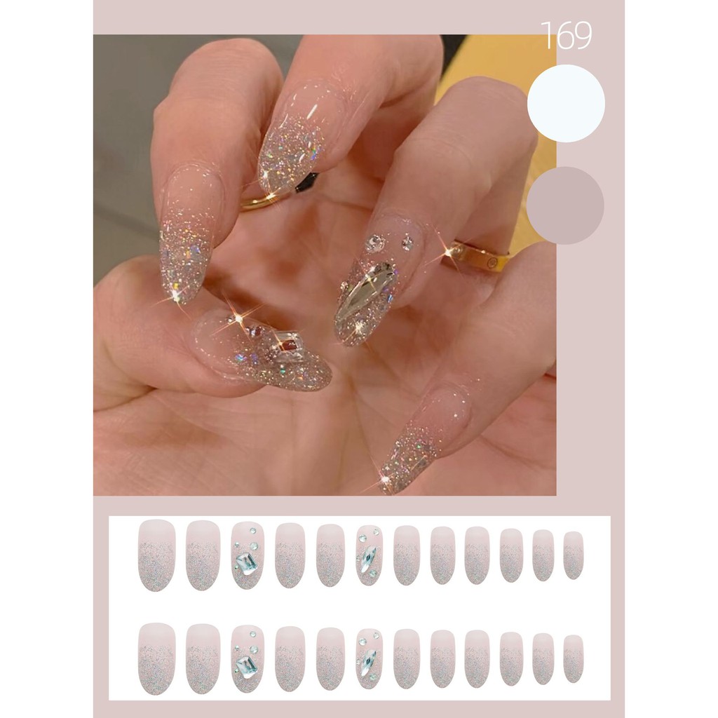 Bộ 24 móng tay giả Nail Nina lấp lánh đá trắng mã Z-169【Tặng kèm dụng cụ lắp】
