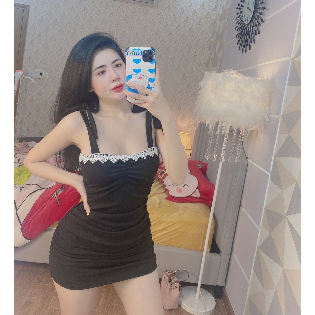 đầm nhúm kiểu phối ren cột dấy nơ vai xinh siêu hot hit
