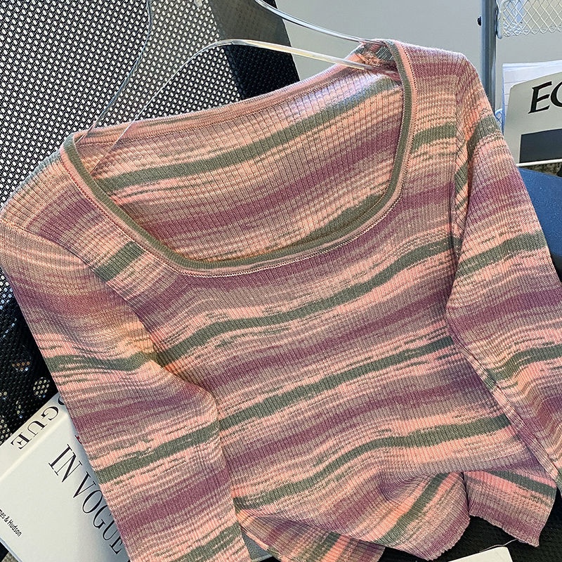 Áo Sweater Dệt Kim Tay Dài Dáng Ôm Kẻ Sọc Màu Sắc Tương Phản Thời Trang Mùa Thu Cho Nữ