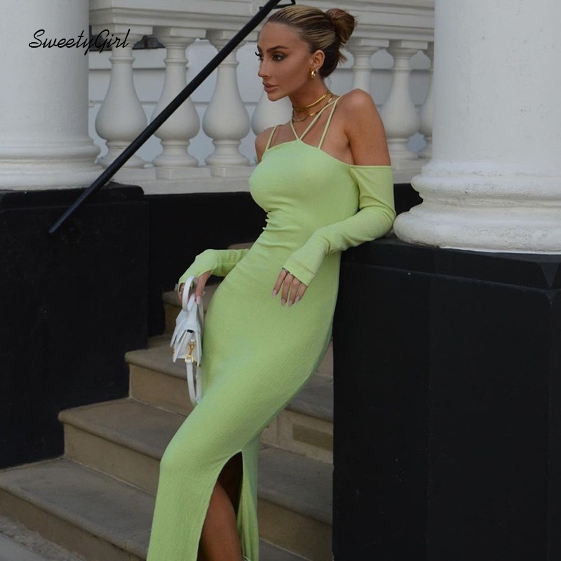 Đầm midi tay dài hở vai màu trơn thời trang quyến rũ cho nữ