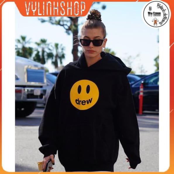 Áo nỉ hoodie màu trắng hình mặt cười Drw form suông rộng unisex cho nam nữ, chất nỉ bông 2 màu đen trắng