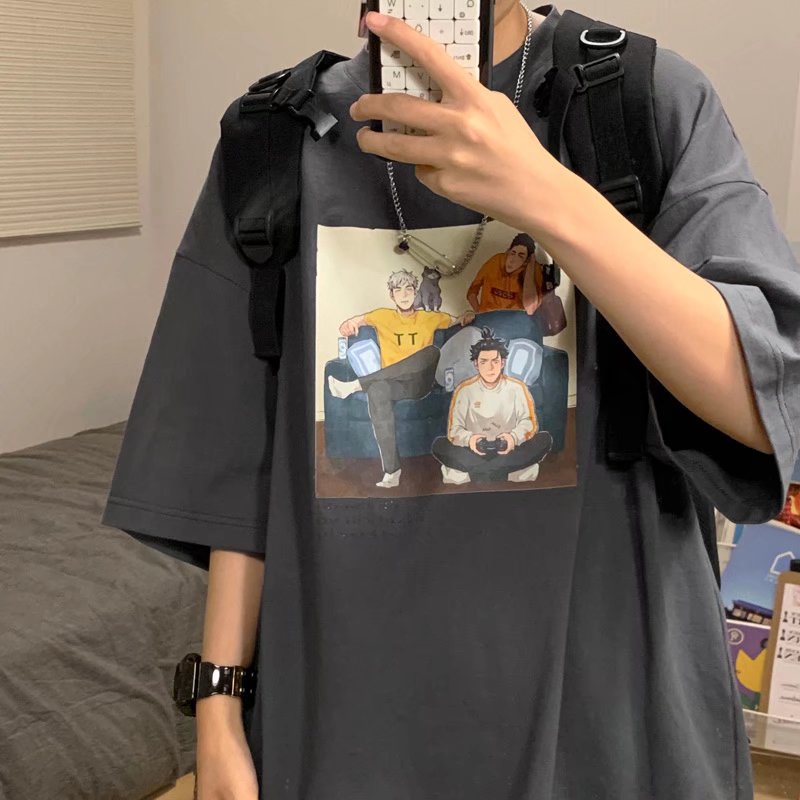 Áo Thun Mùa Hè Dáng Rộng Tay Cộc Cổ Tròn In Họa Tiết Hoạt Hình Phong Cách Hip Hop Đường Phố Cho Nam Và Nữ size M-8XL