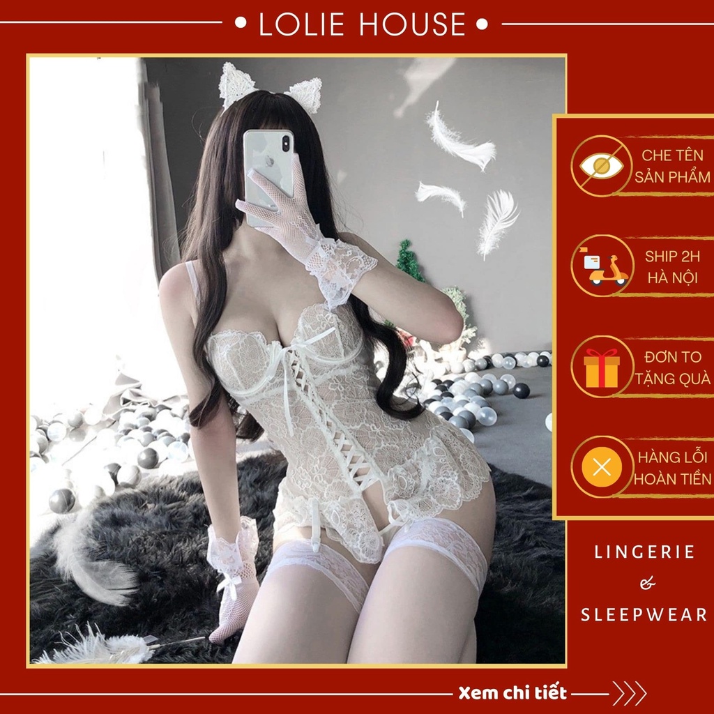 Nội y sexy gợi cảm dáng corset ren có kèm kẹp tất vớ và quần lọt khe dây LOLIE HOUSE - SS18