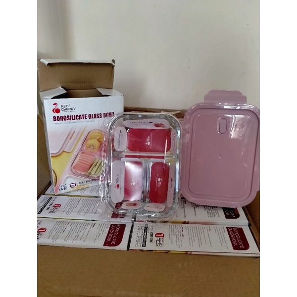( HÀNG CHẤT LƯỢNG) Hộp cơm thuỷ tinh 3 ngăn 1000ml Red Cherry chịu nhiệt cao và quay được lò vi sóng