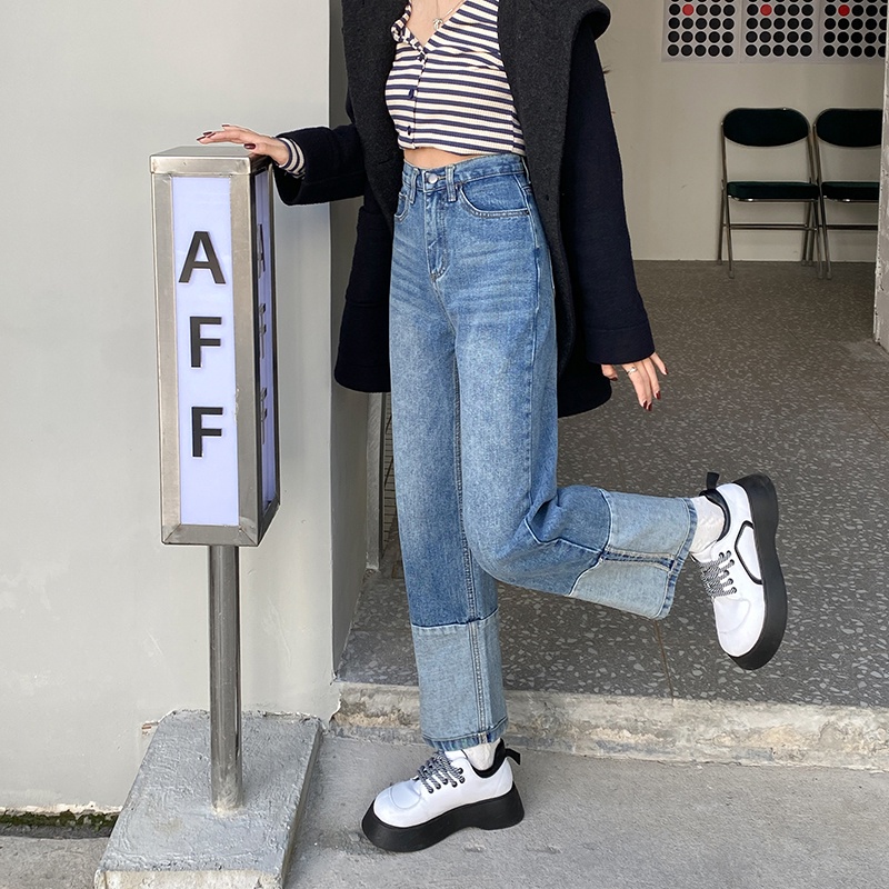 Quần jean nữ ống rộng lưng cao phong cách Hàn Quốc