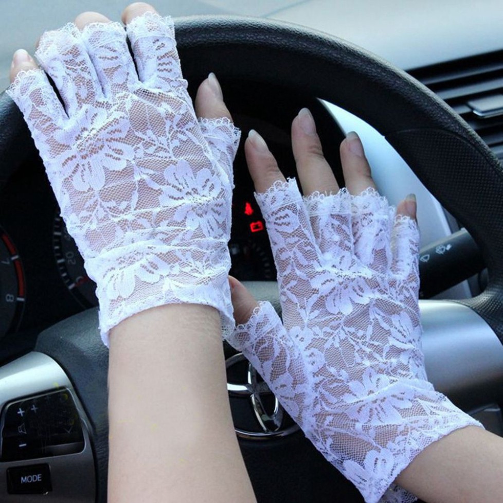Găng Tay Ren Hở Ngón Màu Trắng Đen Bảo Vệ Cổ Tay Cho Nữ