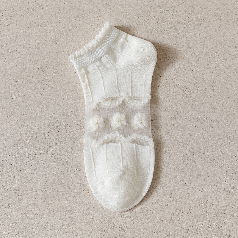 Xiangbao Vớ Cotton Trắng Cổ Thấp Sợi Thủy Tinh Phối Lưới Họa Tiết Hoa Phong Cách Lolita Nhật Bản Cho Nữ