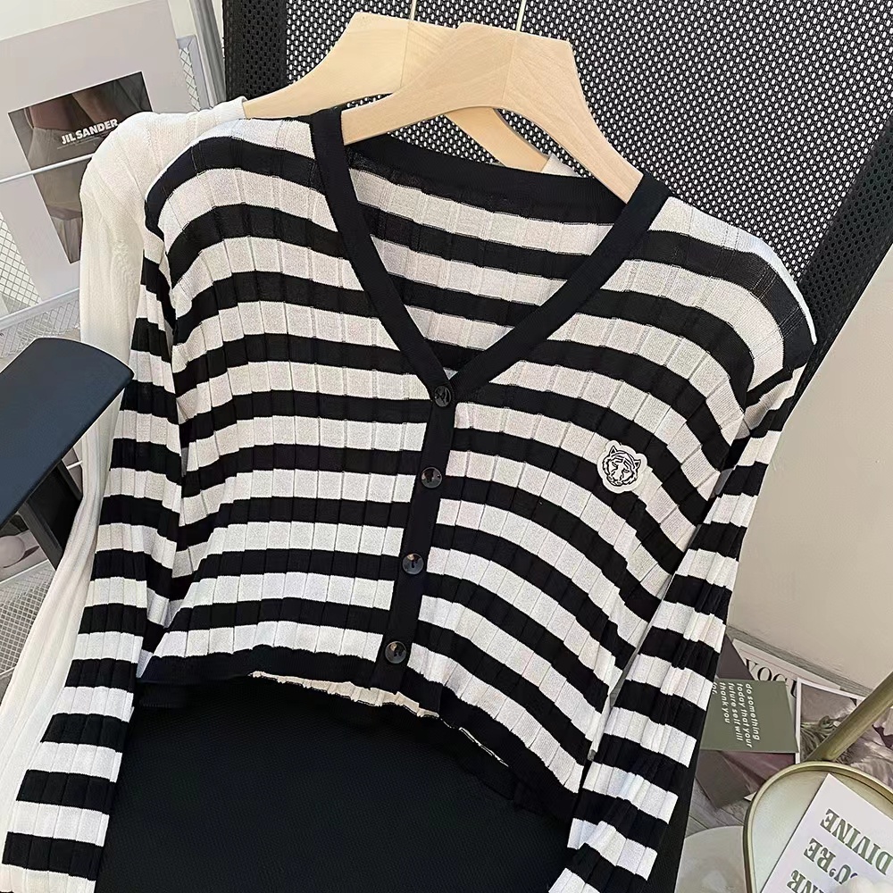 【ZHELIHANGFEI】Áo Cardigan Dệt Kim Tay Dài Cổ Chữ V Họa Tiết Kẻ Sọc Thời Trang