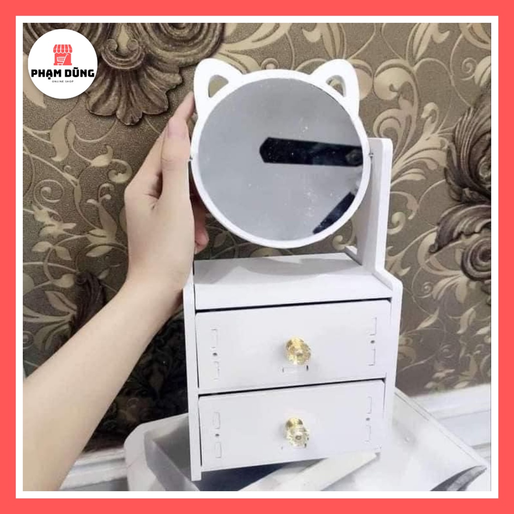 Kệ Mỹ Phẩm 2 Tầng Có Gương Tai Mèo , Kệ Trang Điểm Có Gương
