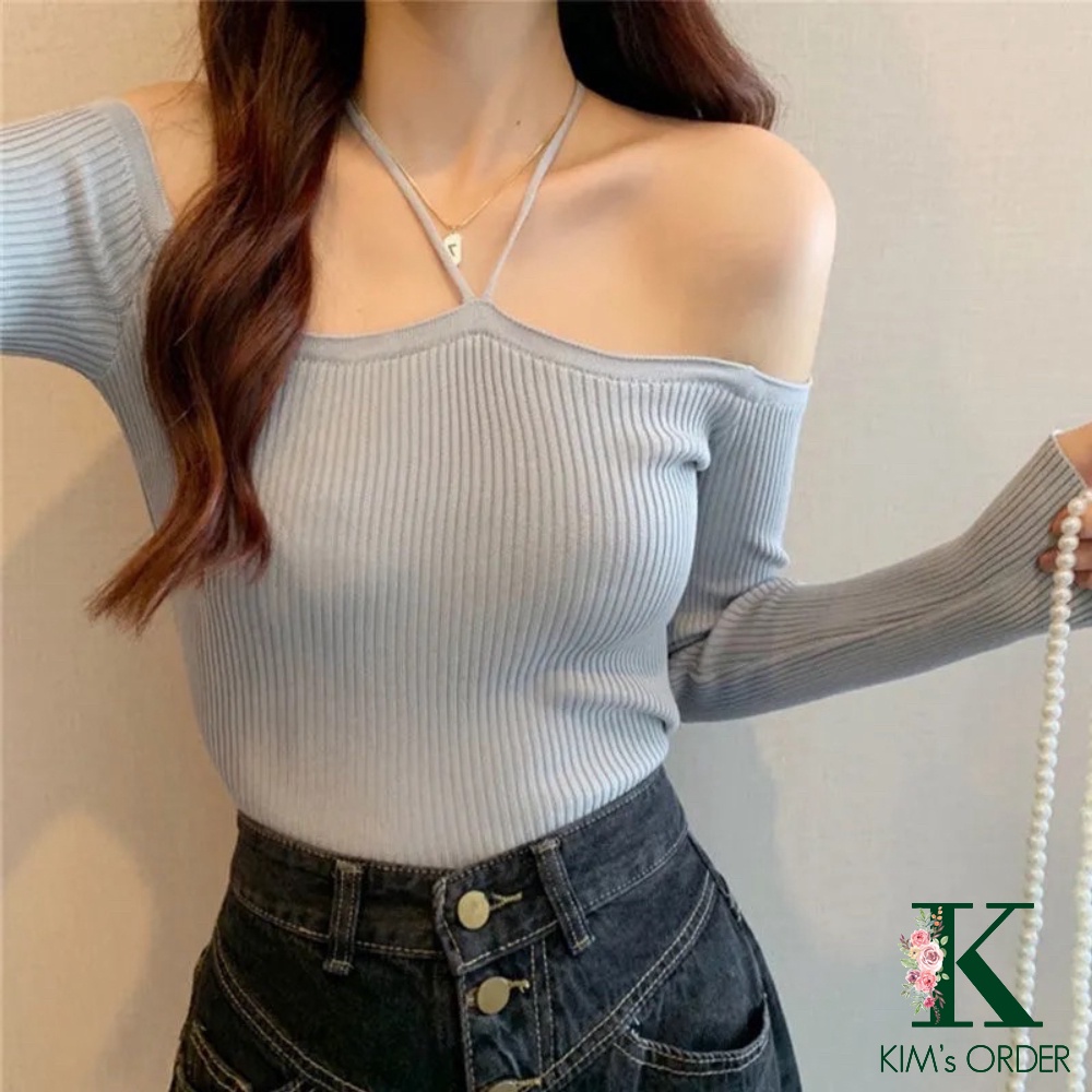 Áo len nữ cổ dây yếm màu đen trắng ghi trễ ngang vai cổ thuyền dài tay phom ôm chất đẹp co dãn đi tiệc sang chảnh