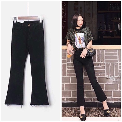 Quần bò đen ống loe rách gấu