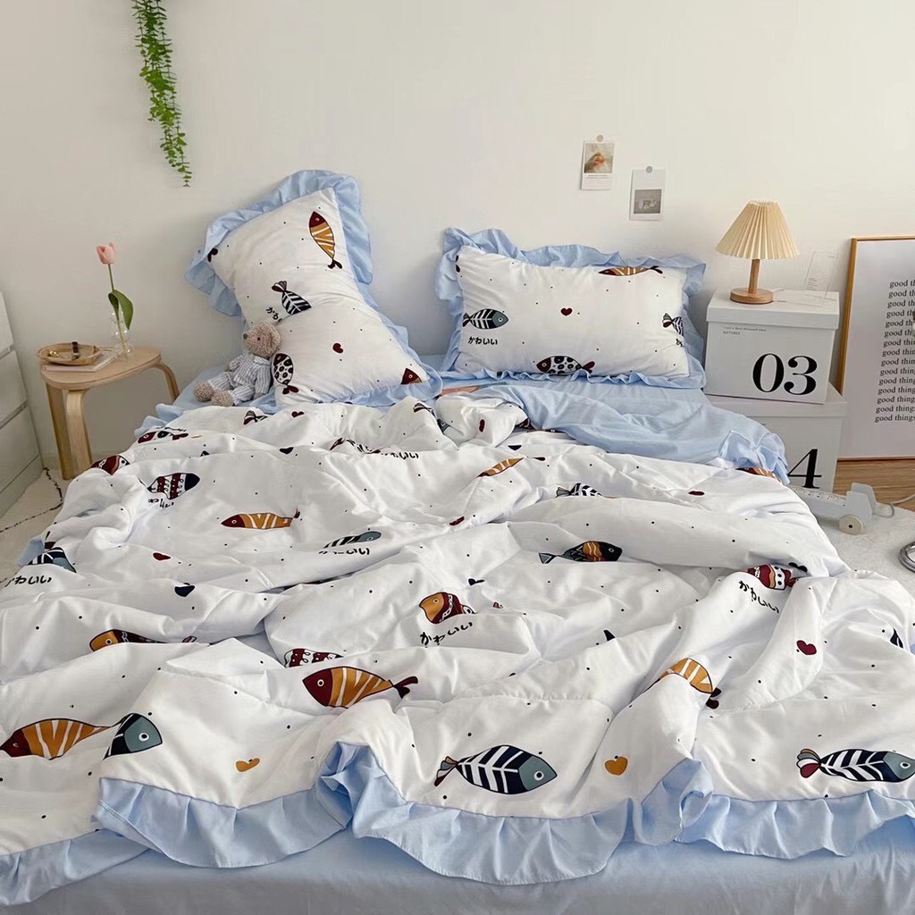 Bộ chăn đũi hè vỏ ga và 2 vỏ gối M2T bedding chăn lót bông thiết kế phối bèo họa tiết Đại Dương xanh