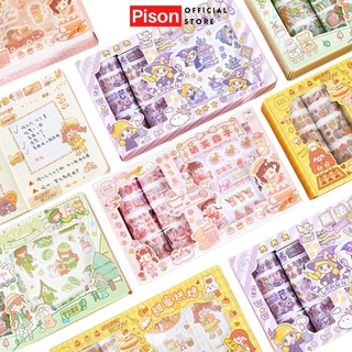 Bộ Washi tape 10 cuộn + tấm sticker Pison dễ thương, hình dán cute trang trí - ST003 – 1 bộ