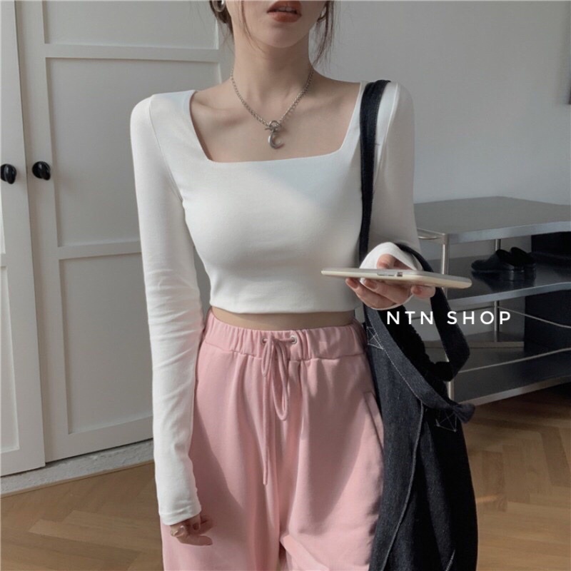 Áo Croptop body Cổ Vuông tay dài NTNshop. siêu tôn dáng (ap)