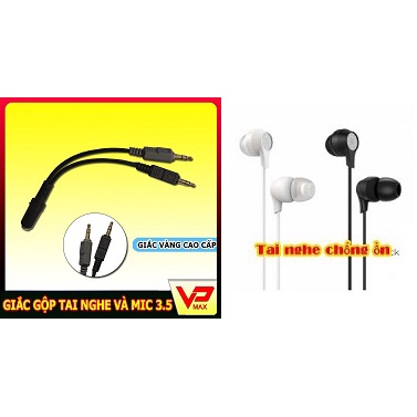 Giắc jack gộp tai nghe và mic ra jack cổng 3.5mm âm/ Tai nghe nhét tai chống ồn dùng cho máy tính điện thoại